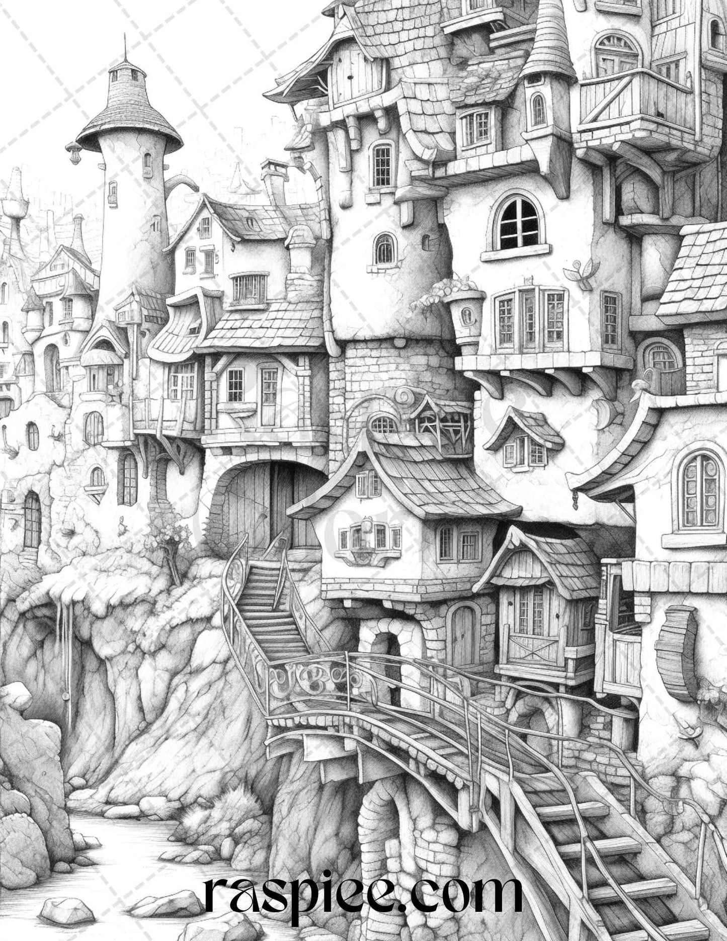 40 Fantasy Village Grayscale Coloring Pages Printable for Adults, PDF File Instant Download