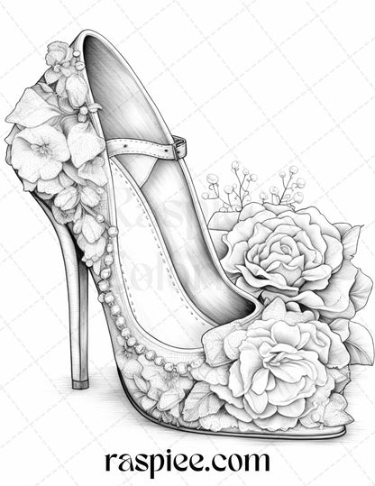 40 Flower Wedding Shoes Grayscale Coloring Pages Printable for Adults, PDF File Instant Download