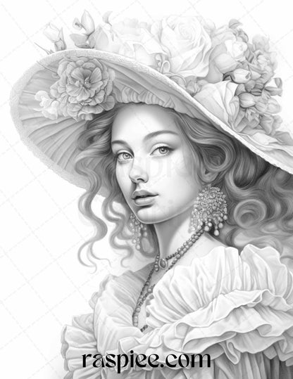 40 Baroque Women Portrait Grayscale Adult Coloring Pages Printable, PDF File Instant Download