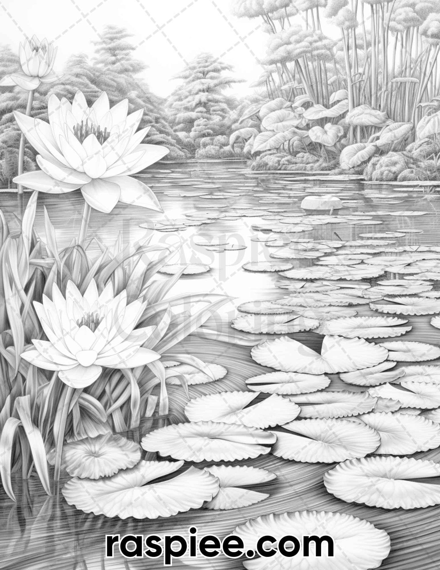 40 Lotus Pond Serenity Grayscale Adult Coloring Pages, Printable PDF Instant Download