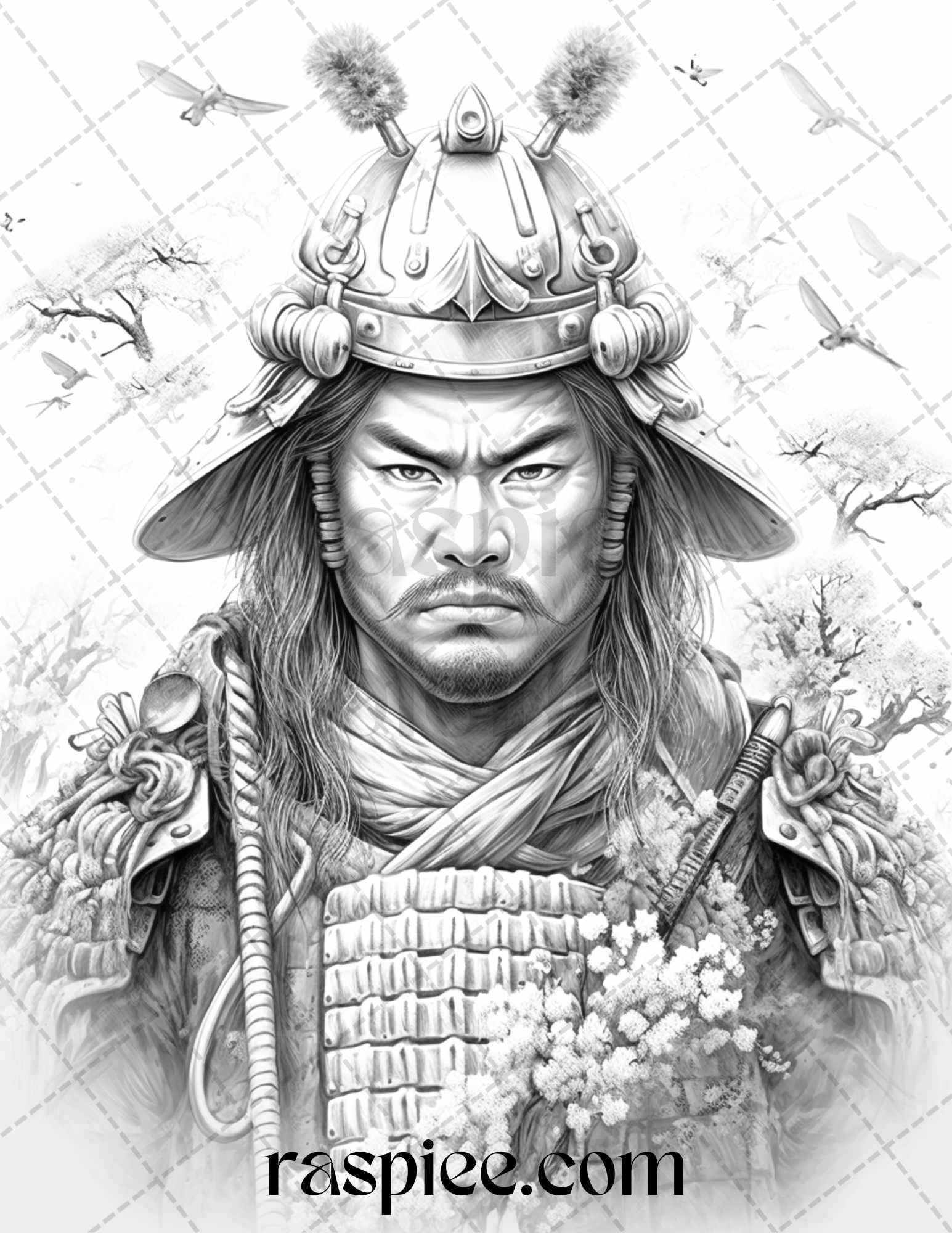 42 Japanese Samurai Grayscale Coloring Pages for Adults, Printable PDF File Instant Download