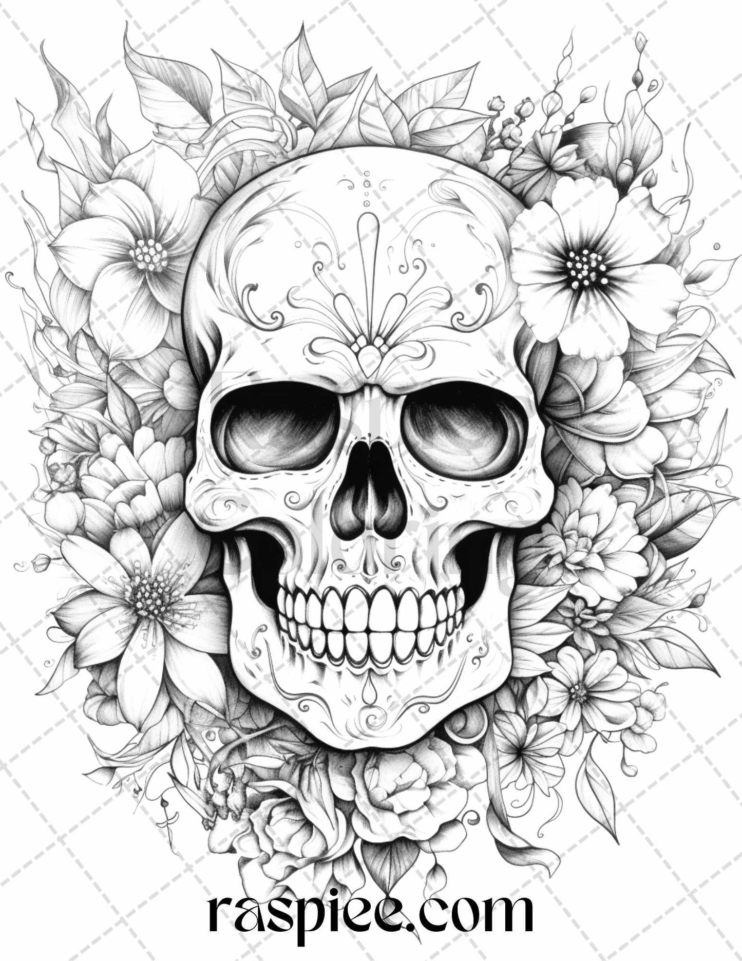 42 Floral Skull Grayscale Coloring Pages for Adults, Stress Relief Coloring Sheets, Printable PDF File Instant Download