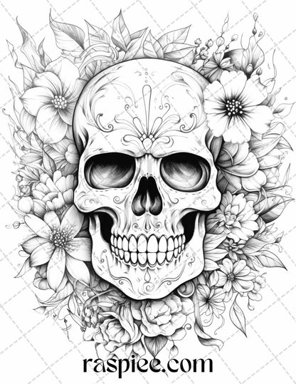 42 Floral Skull Grayscale Coloring Pages for Adults, Stress Relief Coloring Sheets, Printable PDF File Instant Download