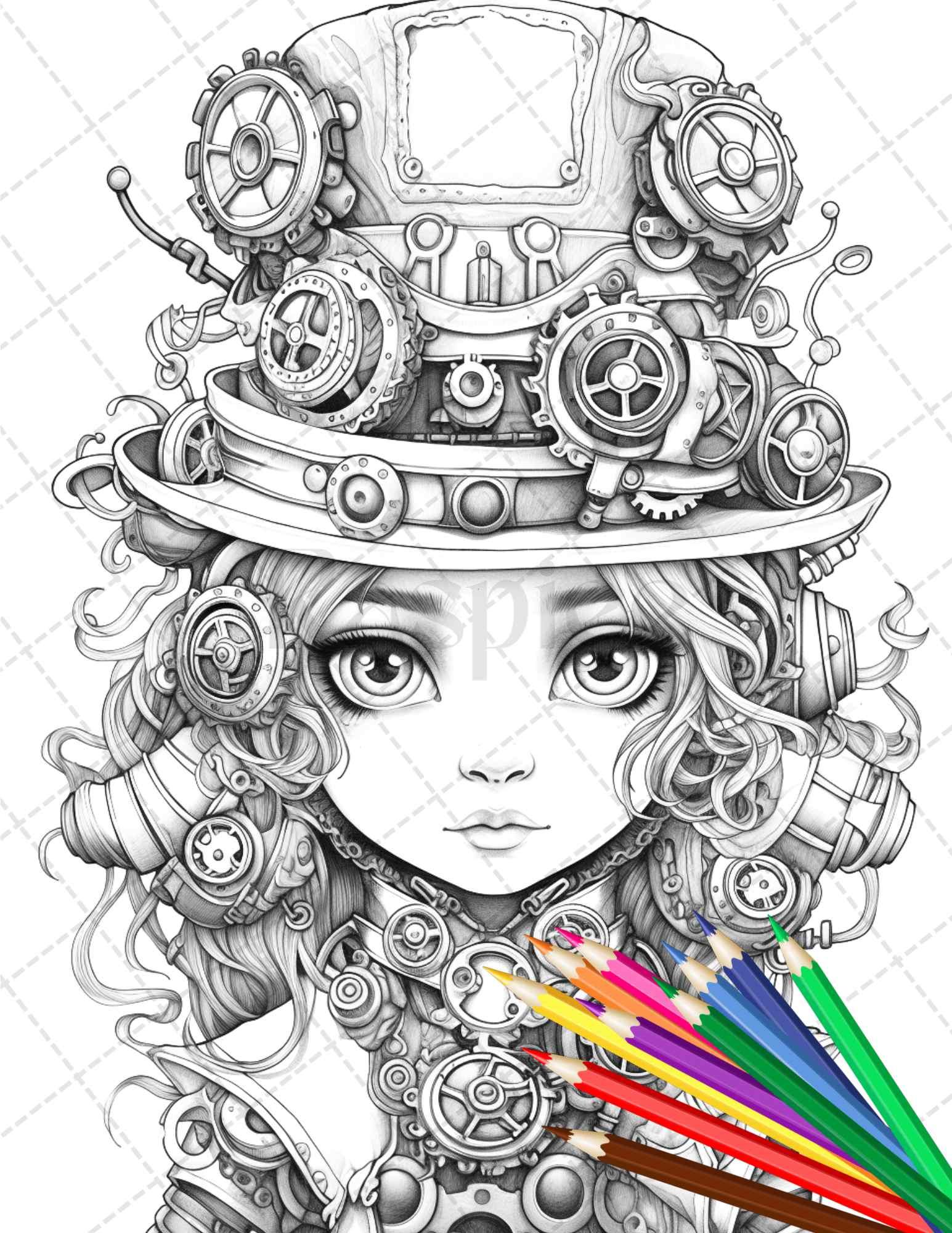 31 Adorable Steampunk Girls Coloring Pages Printable for Adults, Grayscale Coloring Page, PDF File Instant Download