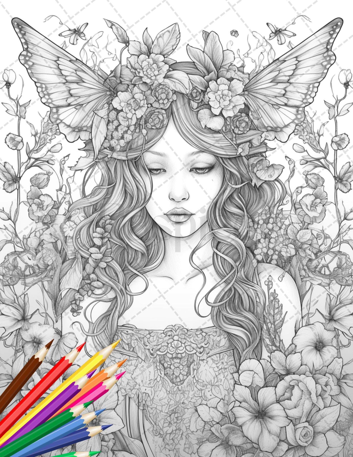 30 Beautiful Fairies Coloring Page Book for Adults, Flower Fairy Grayscale Coloring Book, Fairy Coloring Sheets, Printable PDF File Download