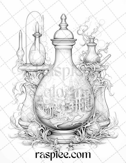 40 Mystical Magic Potions Grayscale Coloring Pages Printable for Adults, PDF File Instant Download