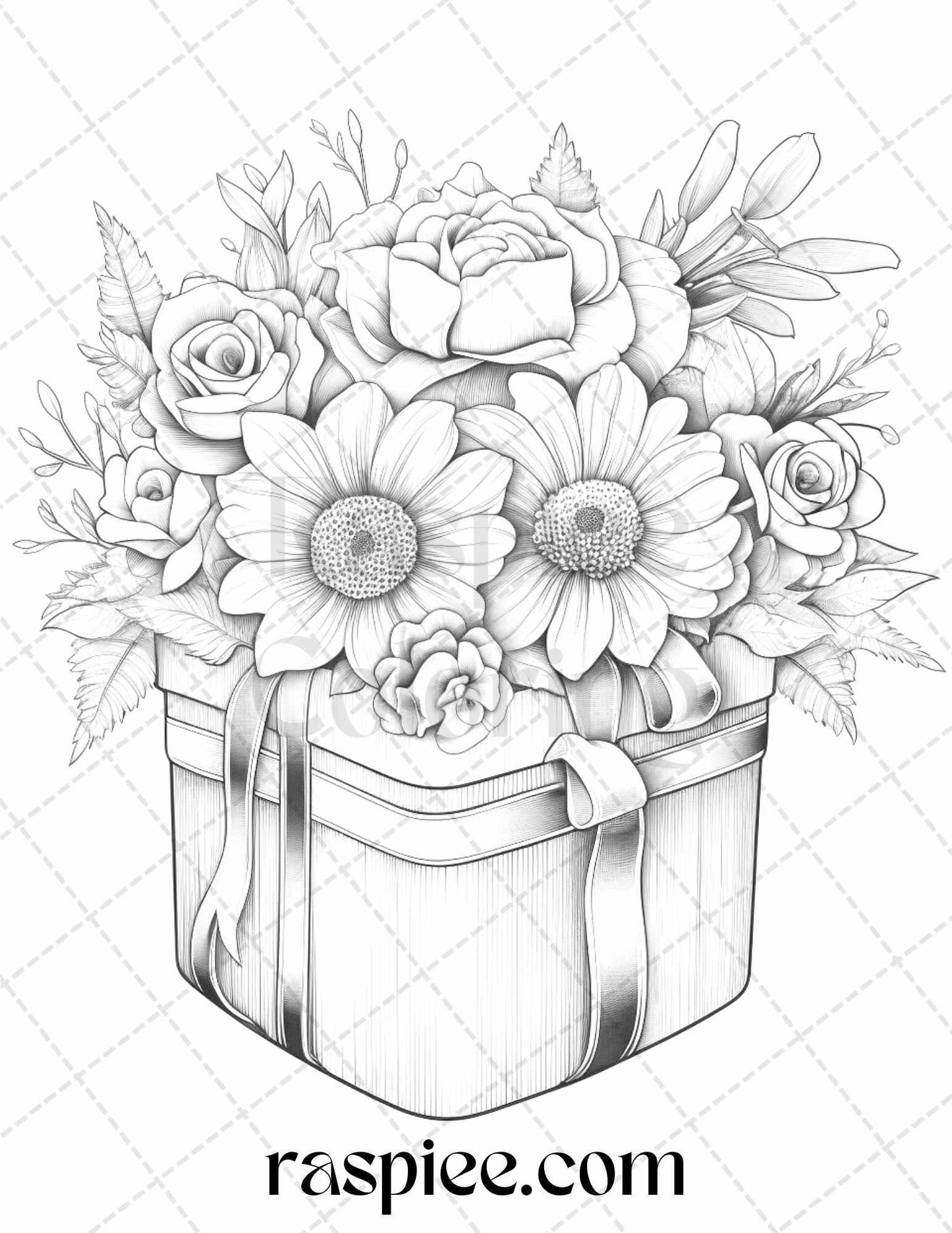 40 Flower Gift Box Grayscale Coloring Pages Printable for Adults Kids, PDF File Instant Download