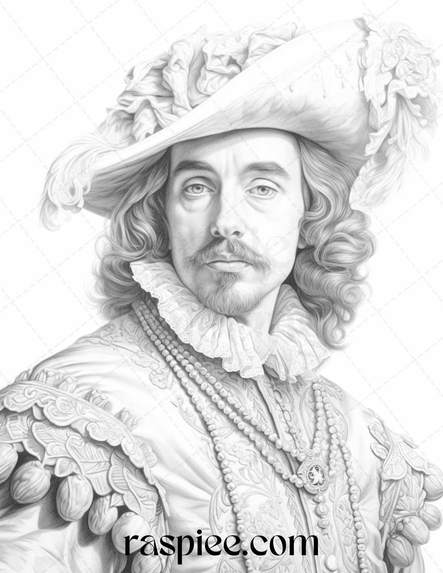 50 Baroque Man Portrait Grayscale Graysale Coloring Pages Printable for Adults, PDF File Instant Download