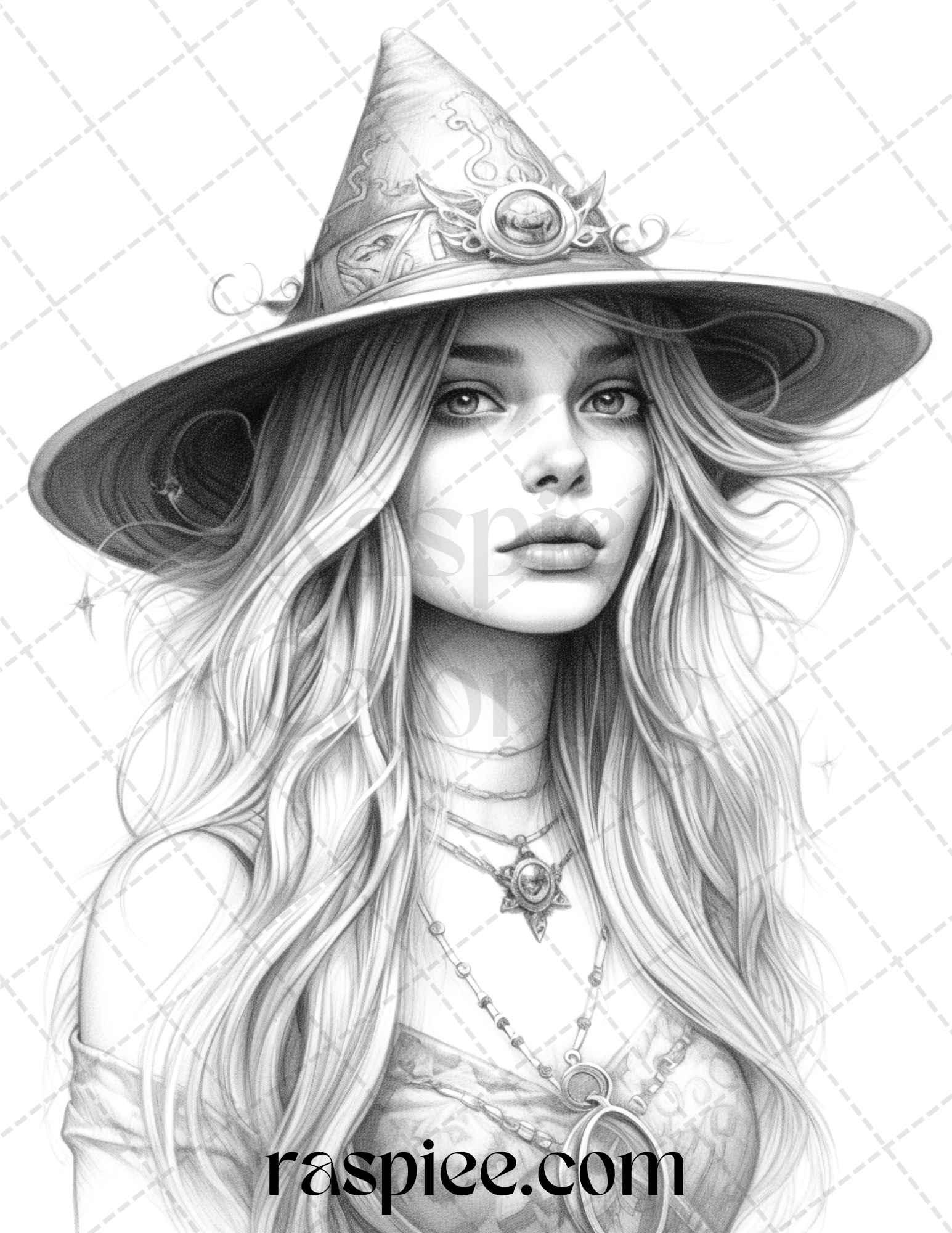 40 Beautiful Witches Grayscale Coloring Pages Printable for Adults, PDF File Instant Download