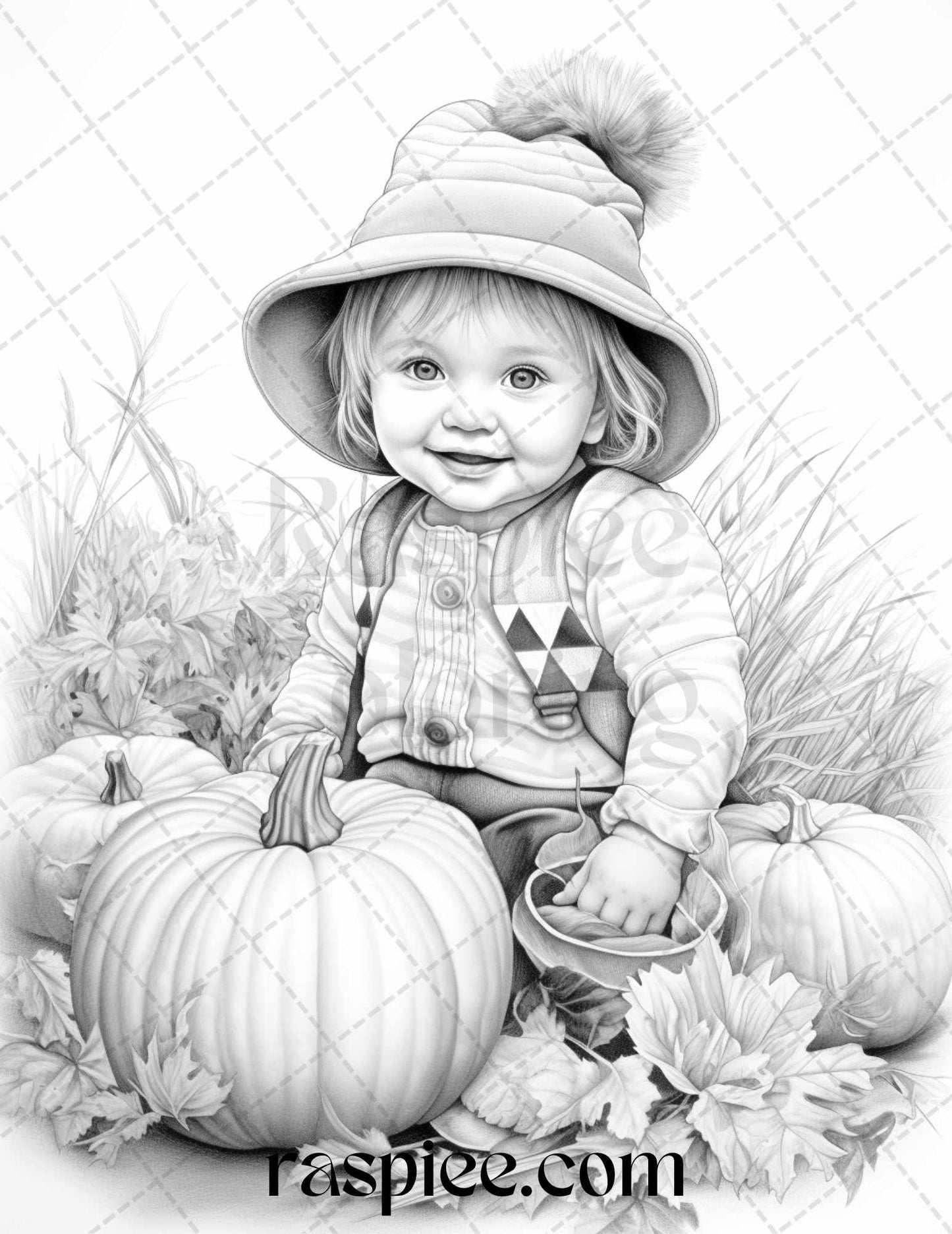 40 Pumpkin Babies Grayscale Coloring Pages for Adults and Kids, Printable PDF File Instant Download