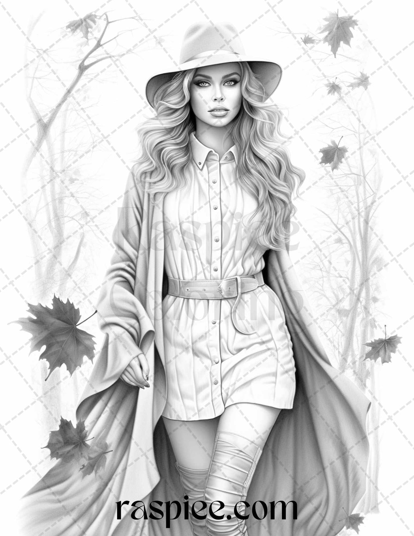 40 Fall Fashion Grayscale Coloring Pages for Adults, Printable PDF File Instant Download