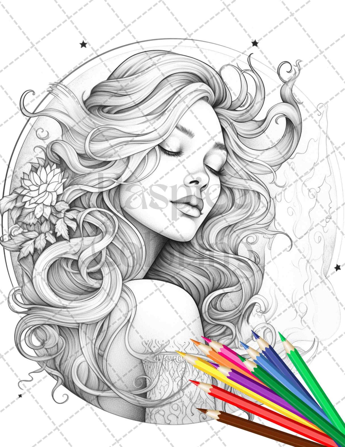 34 Beautiful Moon Fairies Grayscale Coloring Pages Printable for Adults, PDF File Instant Download