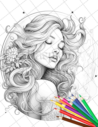 34 Beautiful Moon Fairies Grayscale Coloring Pages Printable for Adults, PDF File Instant Download