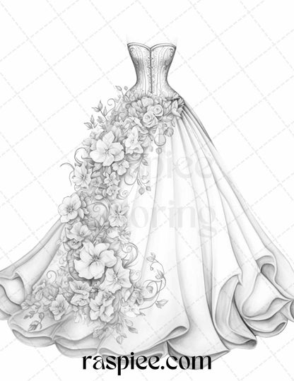 40 Elegant Floral Wedding Dresses Grayscale Coloring Pages Printable for Adults, PDF File Instant Download