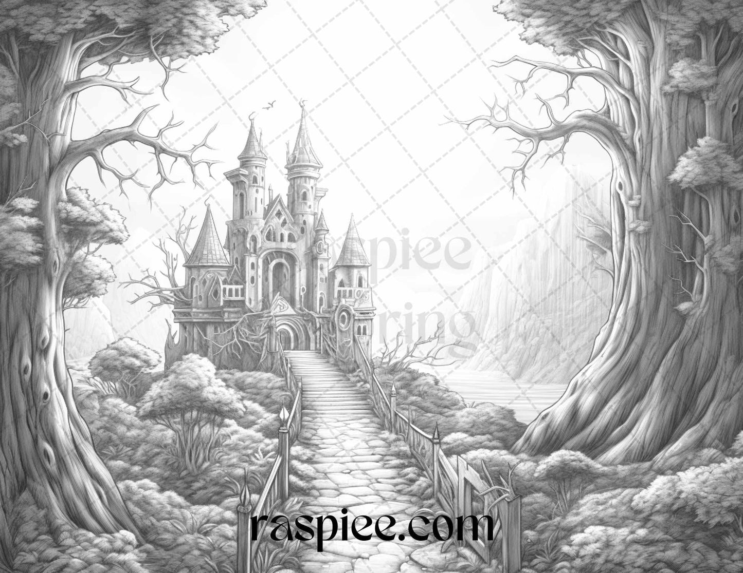 40 Halloween Landscapes Grayscale Coloring Pages Printable for Adults, PDF File Instant Download