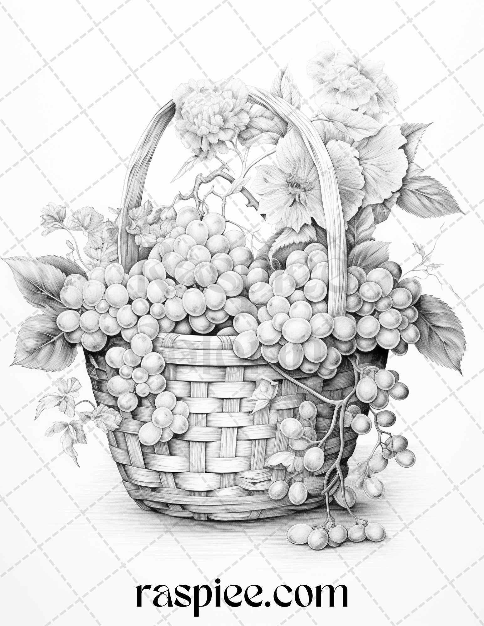 40 Fruit Basket Grayscale Coloring Pages Printable for Adults, PDF File Instant Download