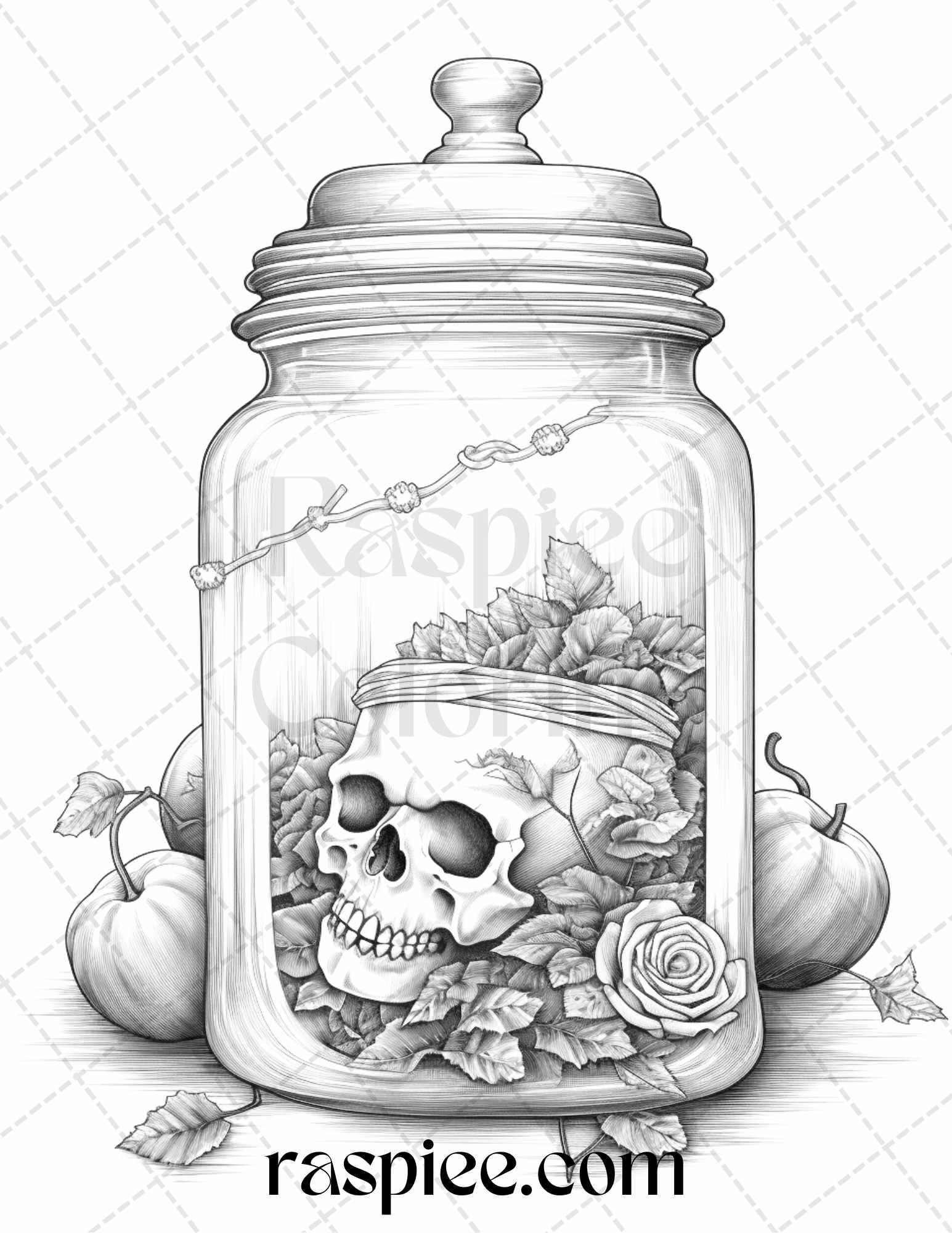 40 Halloween in Jar Grayscale Coloring Pages for Adults, Printable PDF File Instant Download