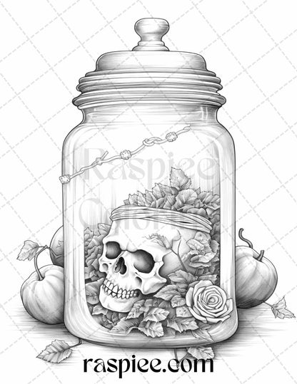 40 Halloween in Jar Grayscale Coloring Pages for Adults, Printable PDF File Instant Download