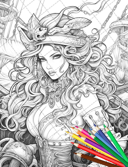 48 Beautiful Pirate Princess Coloring Book Printable for Adults, Grayscale Coloring Page, PDF File Instant Download