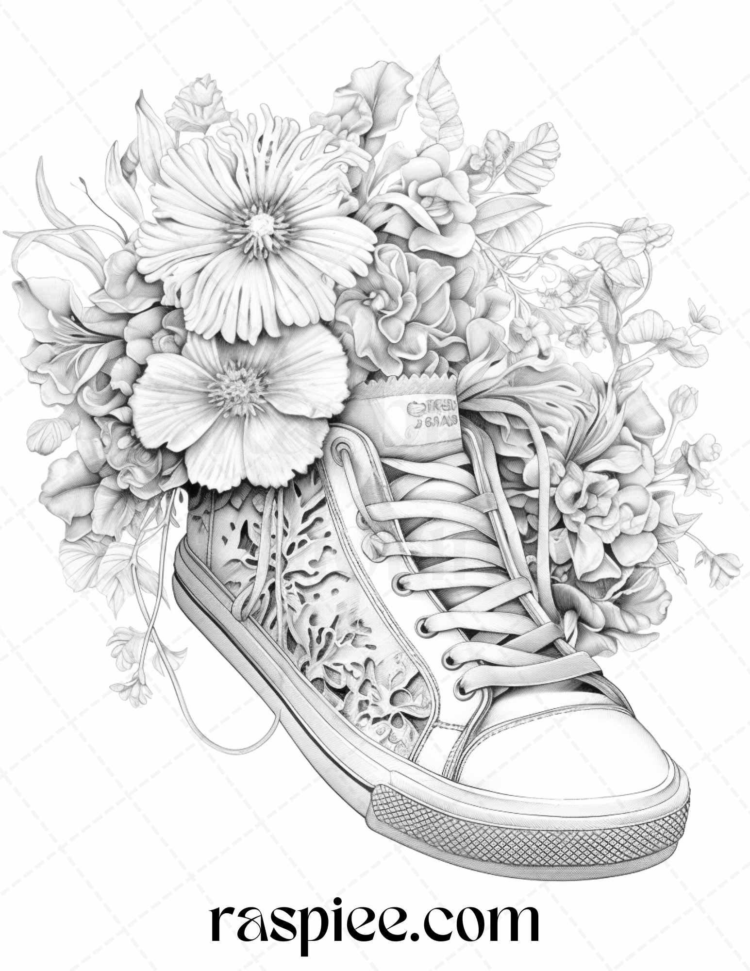 40 Flower Sneakers Grayscale Coloring Pages Printable for Adults, PDF File Instant Download