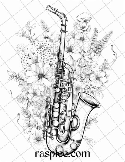 30 Musical Instrument Flower Grayscale Coloring Pages Printable for Adults, PDF File Instant Download