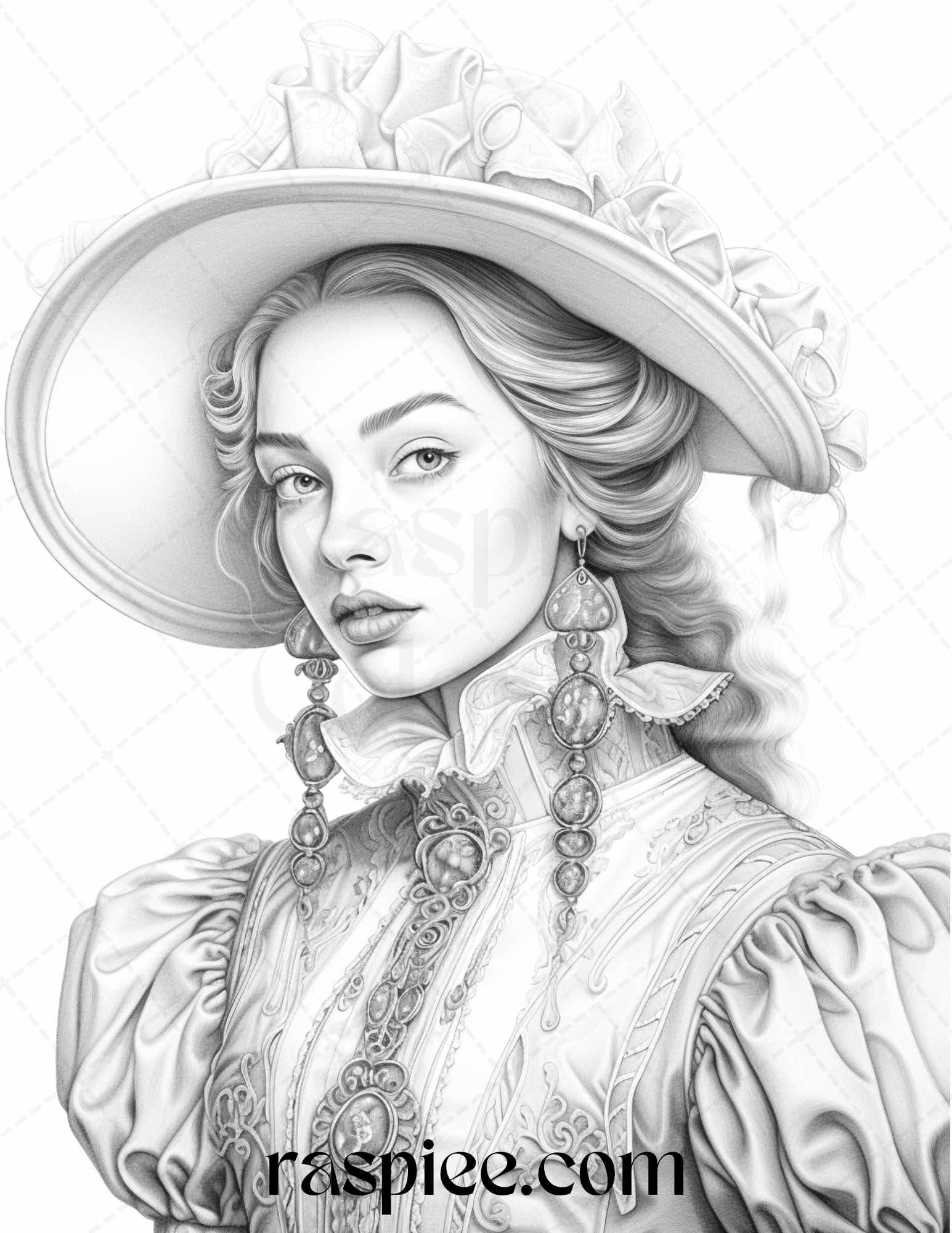 40 Baroque Women Portrait Grayscale Adult Coloring Pages Printable, PDF File Instant Download