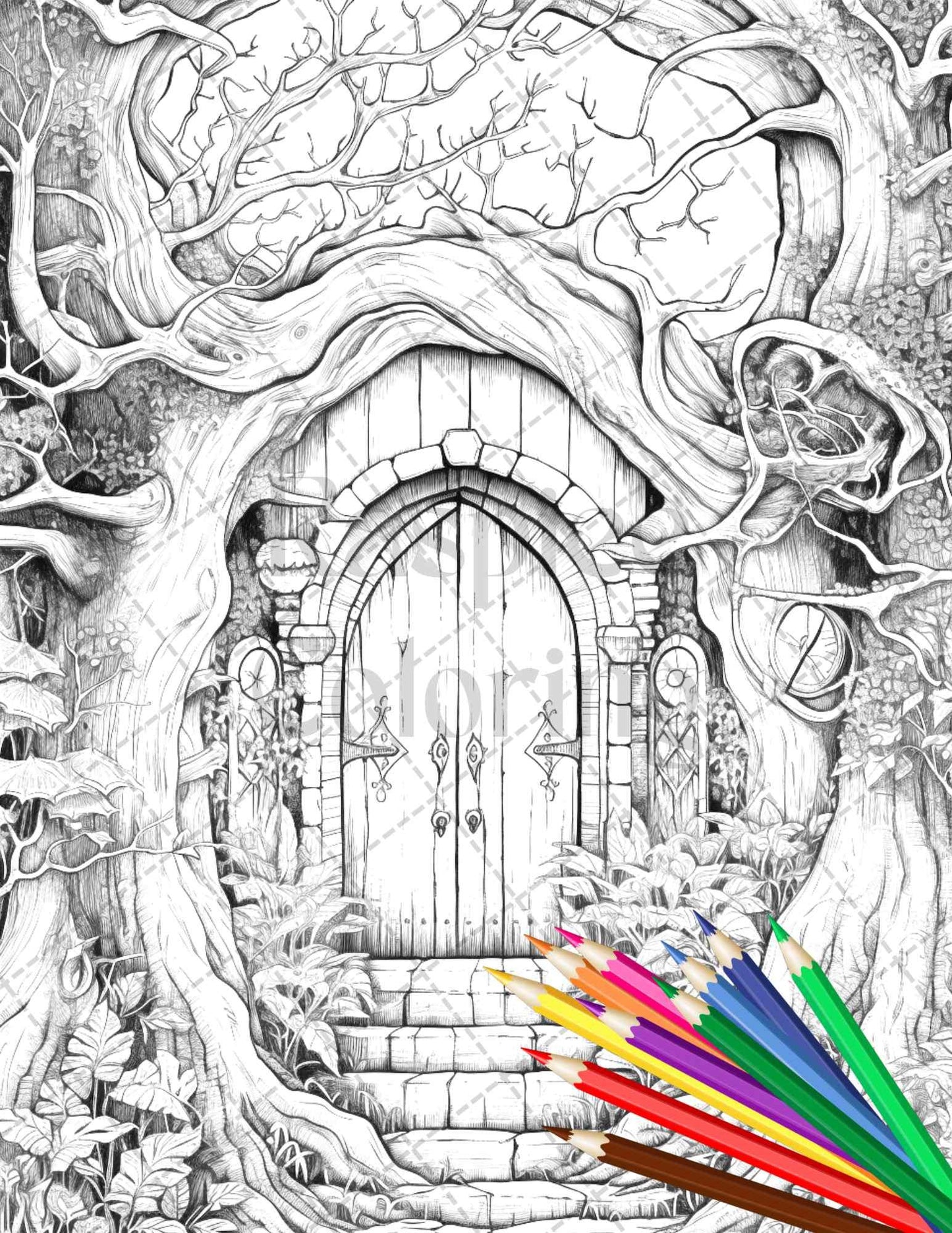 40 Magical Forest Gates Grayscale Coloring Pages Printable for Adults, PDF File Instant Download