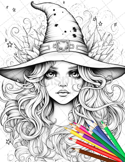 40 Cute Witches Coloring Pages Printable for Adults, Grayscale Coloring Page, PDF File Instant Download