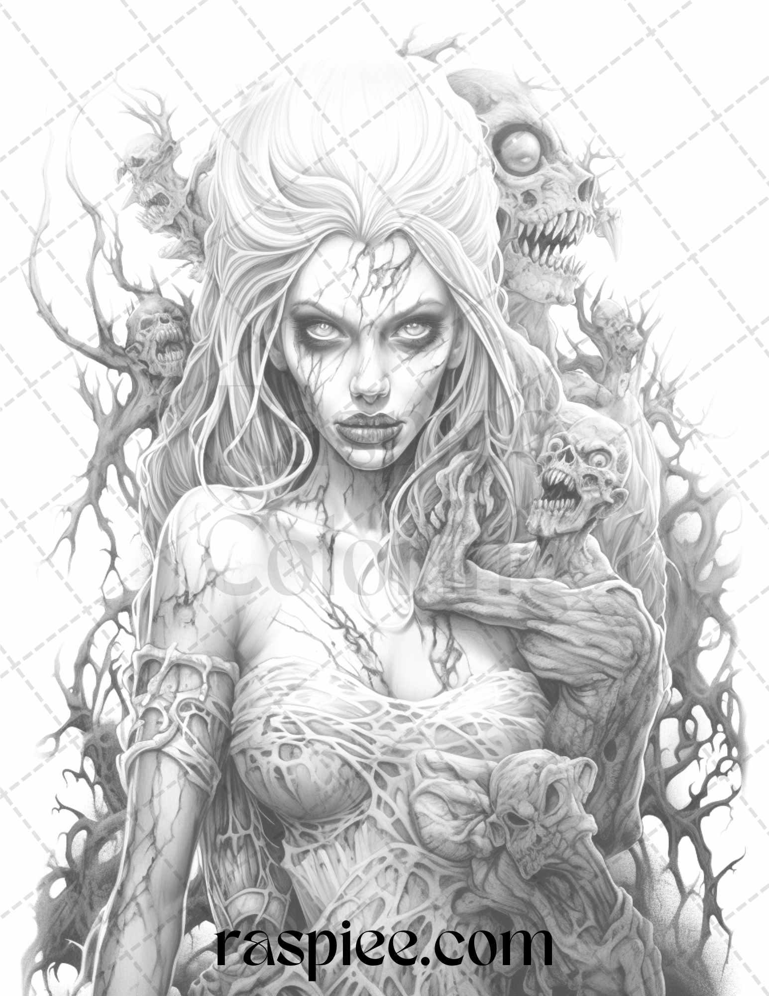 40 Scary Zombie Girls Grayscale Coloring Pages Printable for Adults, PDF File Instant Download