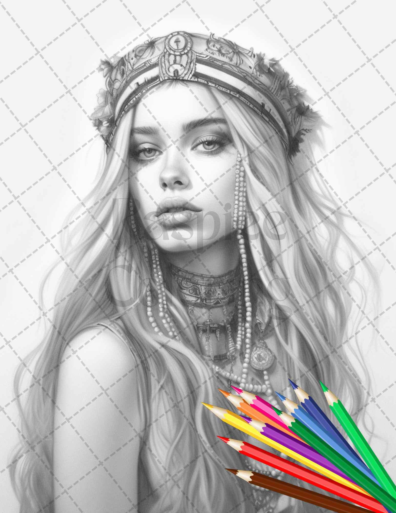 43 Beautiful Hippie Girls Grayscale Coloring Pages Printable for Adults, PDF File Instant Download