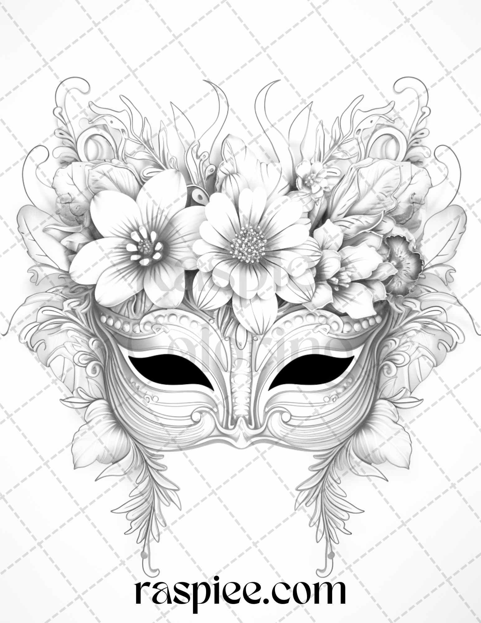 40 Masquerade Masks Grayscale Coloring Pages Printable for Adults, PDF File Instant Download