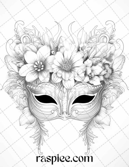 40 Masquerade Masks Grayscale Coloring Pages Printable for Adults, PDF File Instant Download