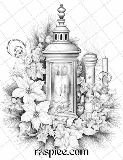 45 Christmas Flowers Grayscale Coloring Pages Printable for Adults, PDF File Instant Download