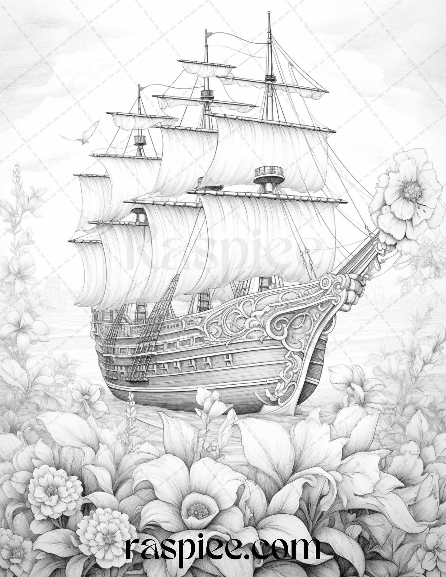 44 Flower Ships Graysale Coloring Pages Printable for Adults, PDF File Instant Download