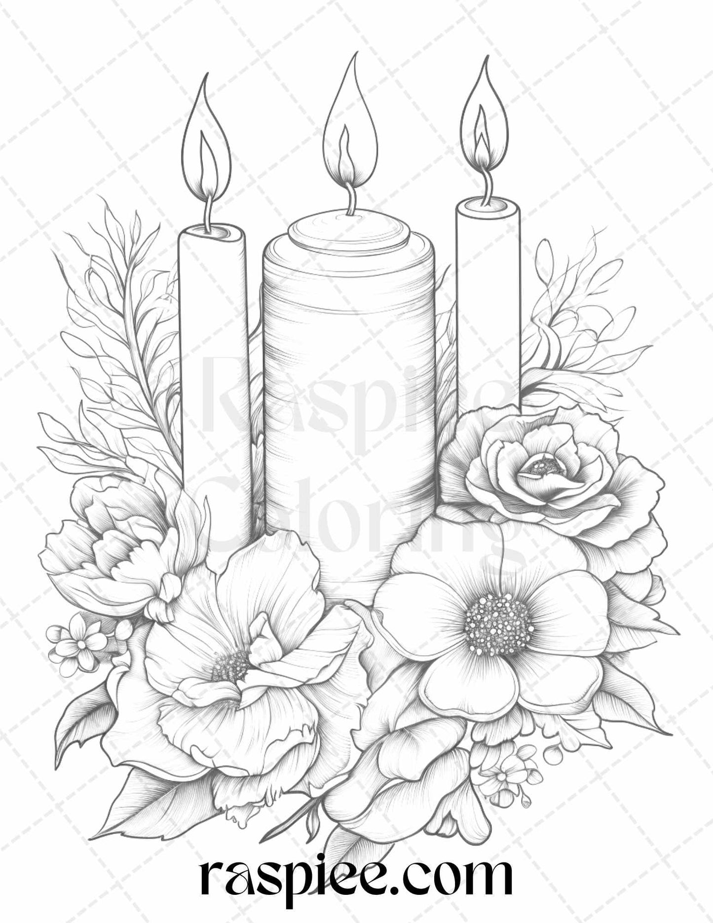 40 Flower Candles Grayscale Coloring Pages Printable for Adults, PDF File Instant Download