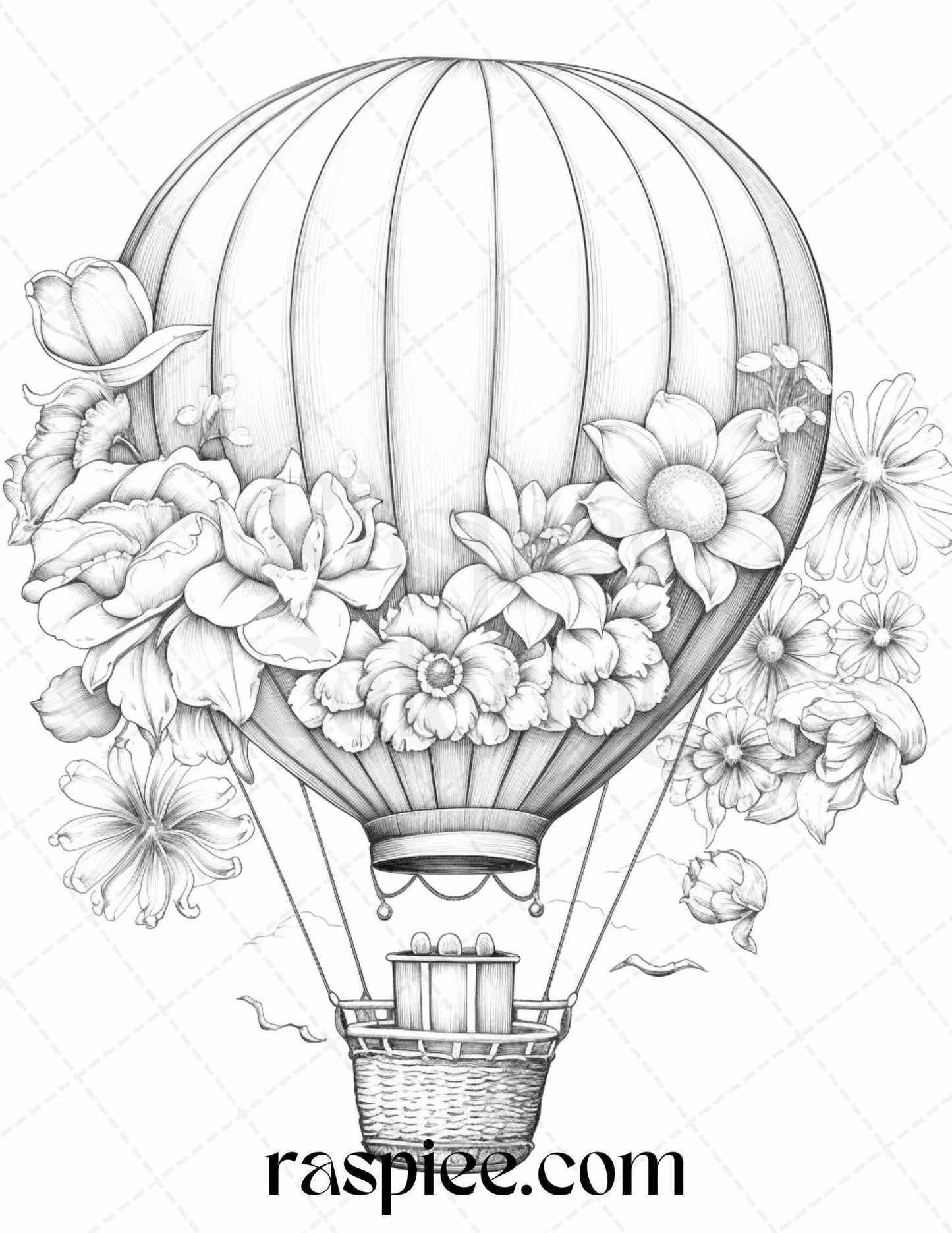 42 Flower Hot Air Balloons Grayscale Coloring Pages Printable for Adults, PDF File Instant Download