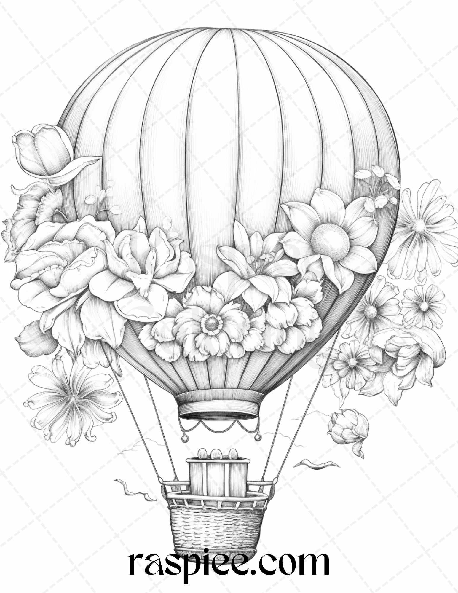 42 Flower Hot Air Balloons Grayscale Coloring Pages Printable for Adults, PDF File Instant Download