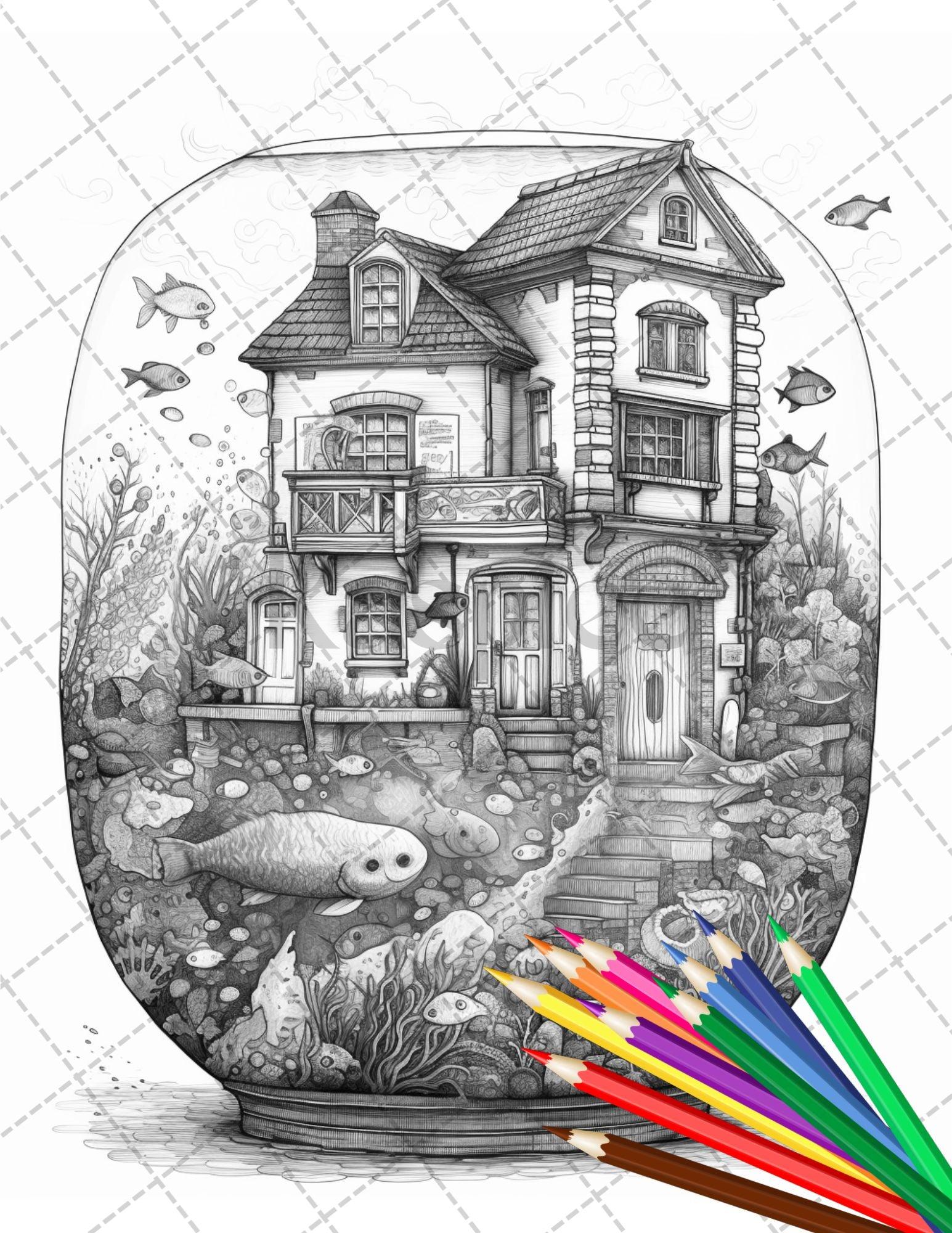 34 Fishtank Houses Coloring Book for Adults, Grayscale Coloring Page, Printable PDF Instant Download