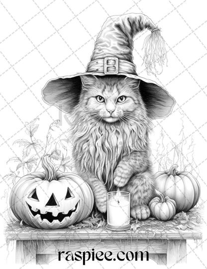 40 Halloween Witch Cat Grayscale Coloring Pages Printable for Adults, PDF File Instant Download