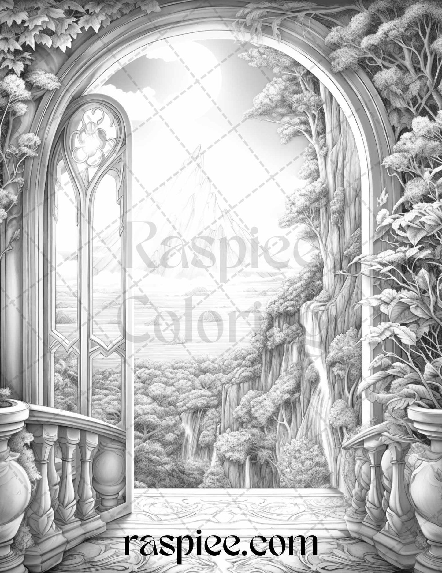 40 Window to Fantasy Worlds Grayscale Coloring Pages Printable for Adults, PDF File Instant Download