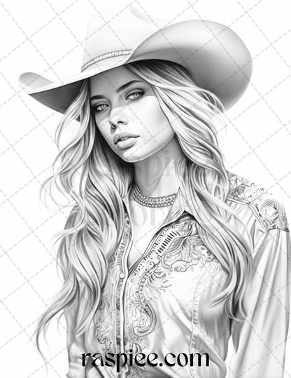 40 Beautiful Cowgirls Grayscale Coloring Pages Printable for Adults, PDF File Instant Download