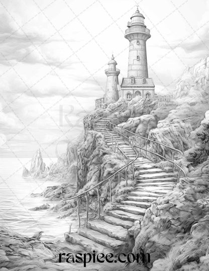 40 Majestic Lighthouses Grayscale Coloring Pages Printable for Adults, PDF File Instant Download