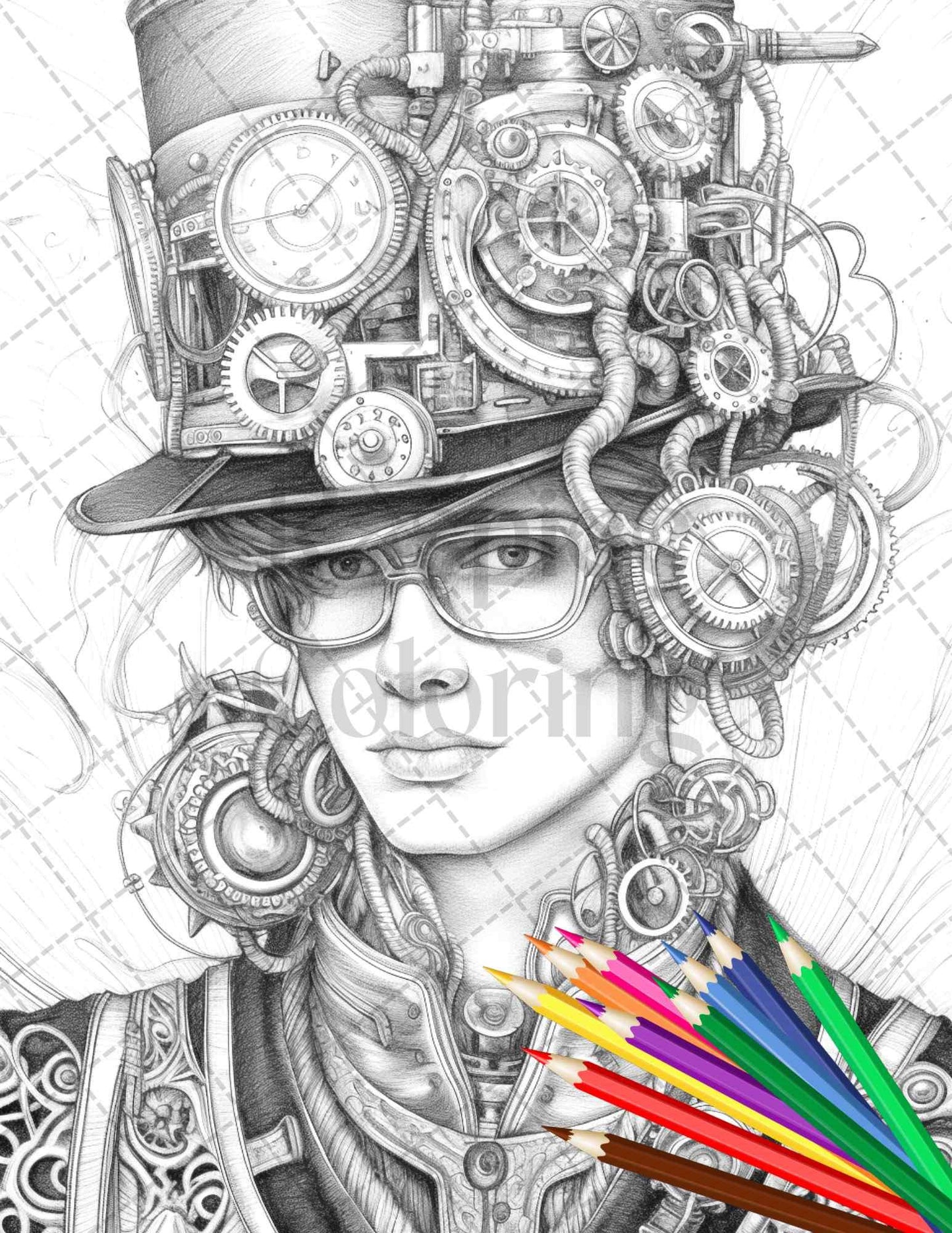 42 Steampunk Mens Grayscale Coloring Pages Printable for Adults, PDF File Instant Download