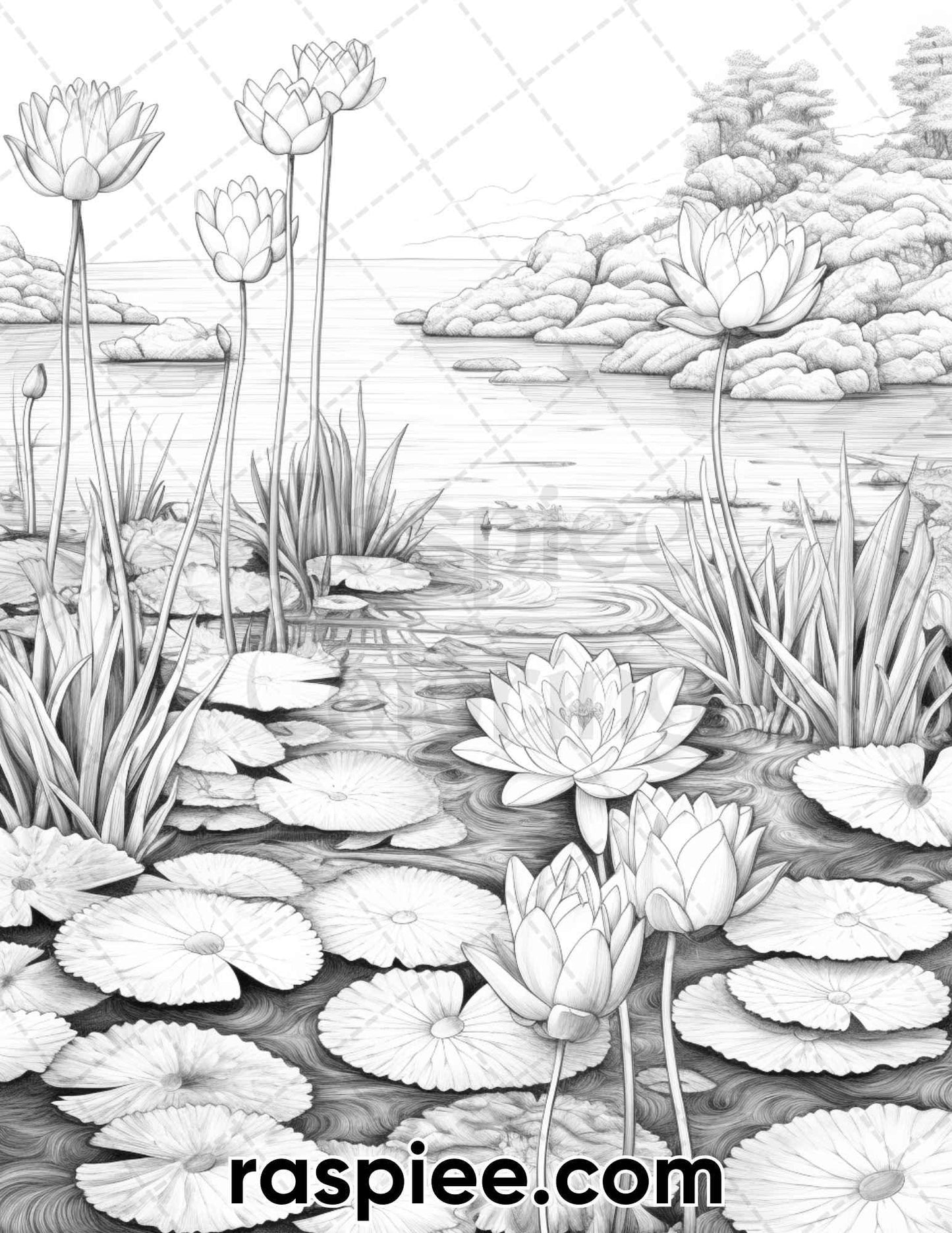 40 Lotus Pond Serenity Grayscale Adult Coloring Pages, Printable PDF Instant Download