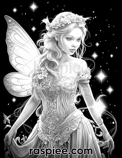 50 Starlight Fairy Grayscale Coloring Pages for Adults, Printable PDF File Instant Download