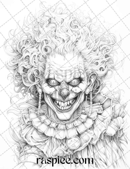 40 Spooky Clowns Grayscale Coloring Pages Printable for Adults, PDF File Instant Download