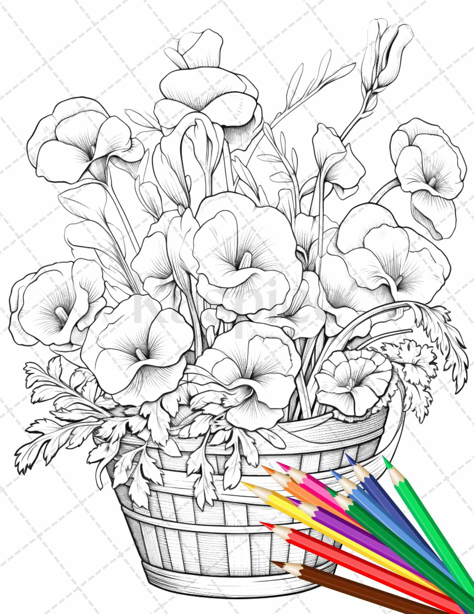 30 Flower Baskets Grayscale Coloring Pages for Adults, PDF File Instant Download