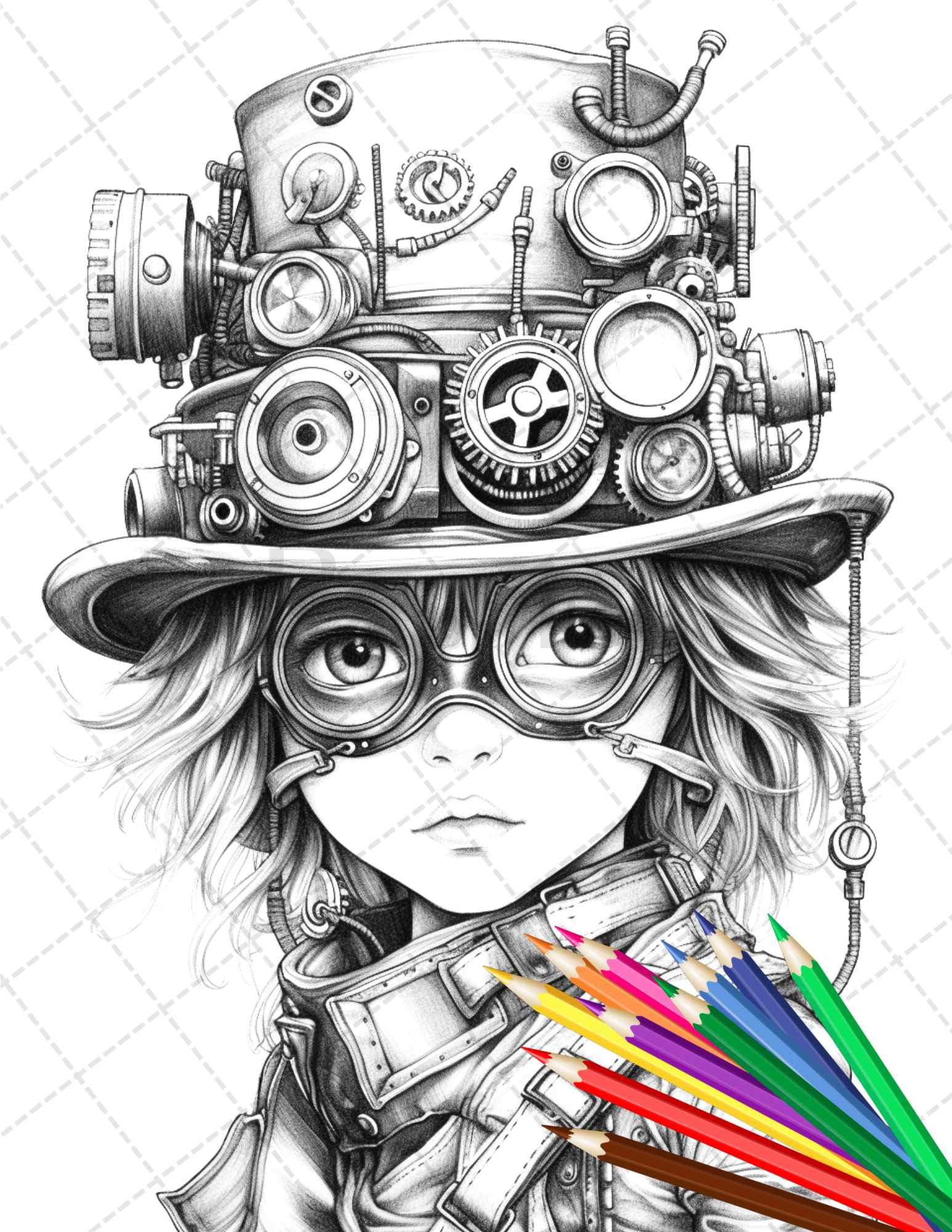 31 Adorable Steampunk Girls Coloring Pages Printable for Adults, Grayscale Coloring Page, PDF File Instant Download