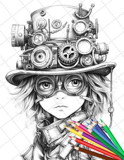 31 Adorable Steampunk Girls Coloring Pages Printable for Adults, Grayscale Coloring Page, PDF File Instant Download