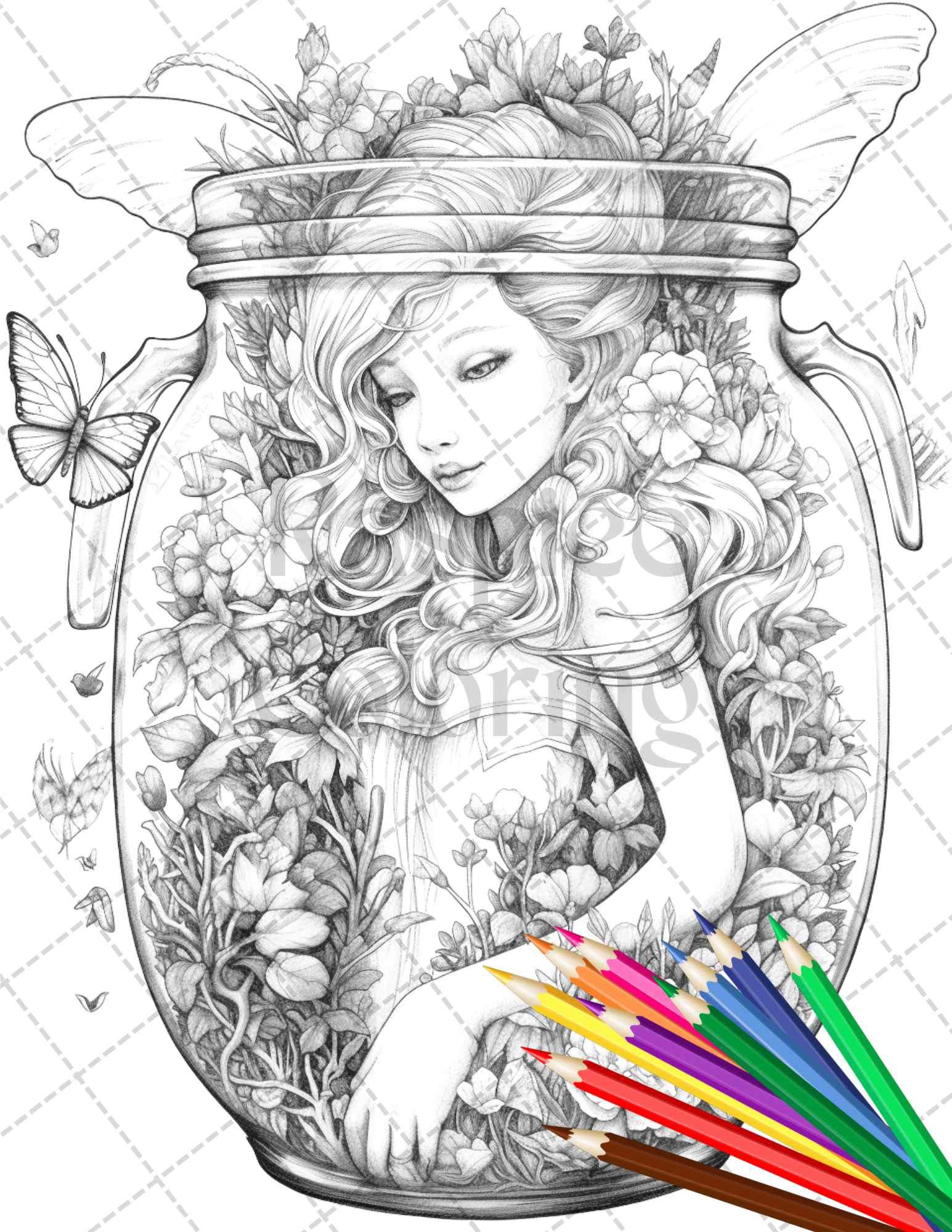 40 Beautiful Fairies in Jar Grayscale Coloring Pages Printable for Adults, PDF File Instant Download